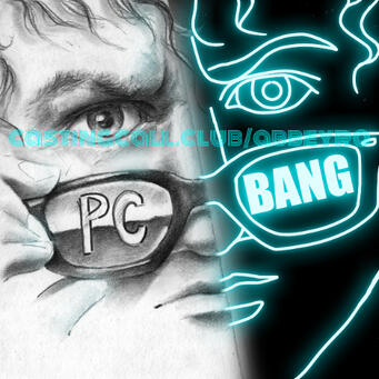 Thumbnail for Break Society and Sabe Films "PC Bang" podcast. Drawn with graphite and Photoshop.